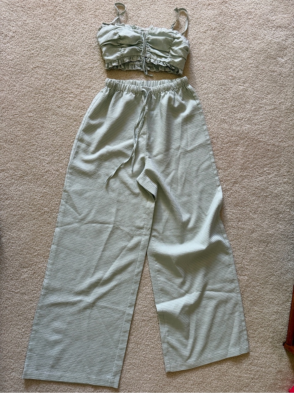 Princess Polly Wide-Leg Gingham Top & Pants Set in Light Sage